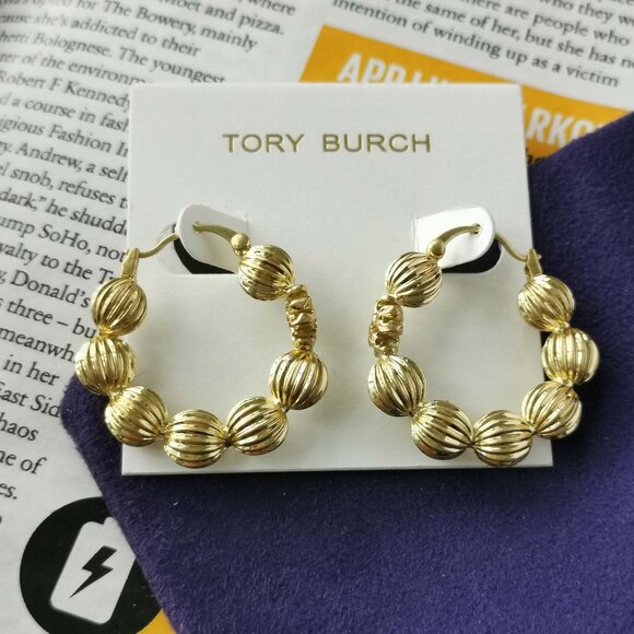 Tory Burch Jewelry - Tory Burch Roxanne Fluted Bead Gold Hoop Earrings NEW / DUST BAG